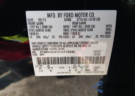 2014 Ford Explorer Xlt from USA, damaged, VIN 1FM5K8D87EGA72242